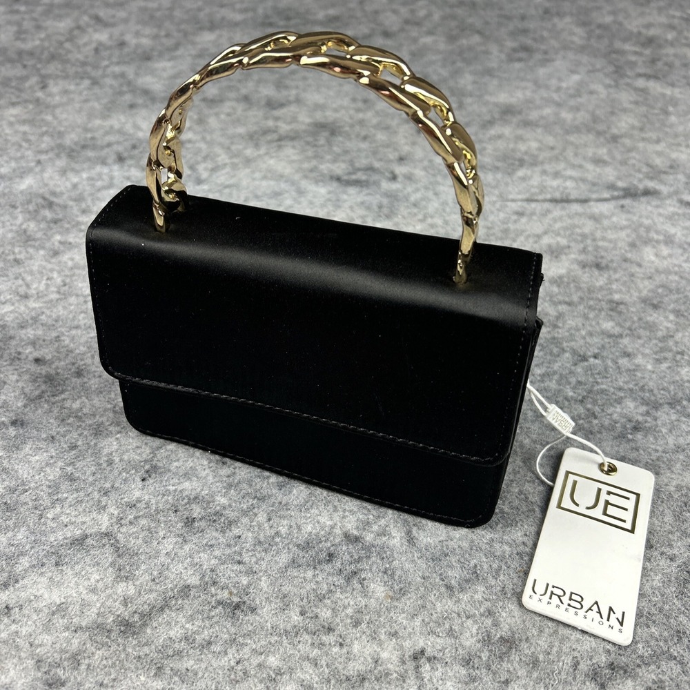 Urban‎ Expressions Black Envelope Bag Purse Clutch Gold Link Top Handle Strap